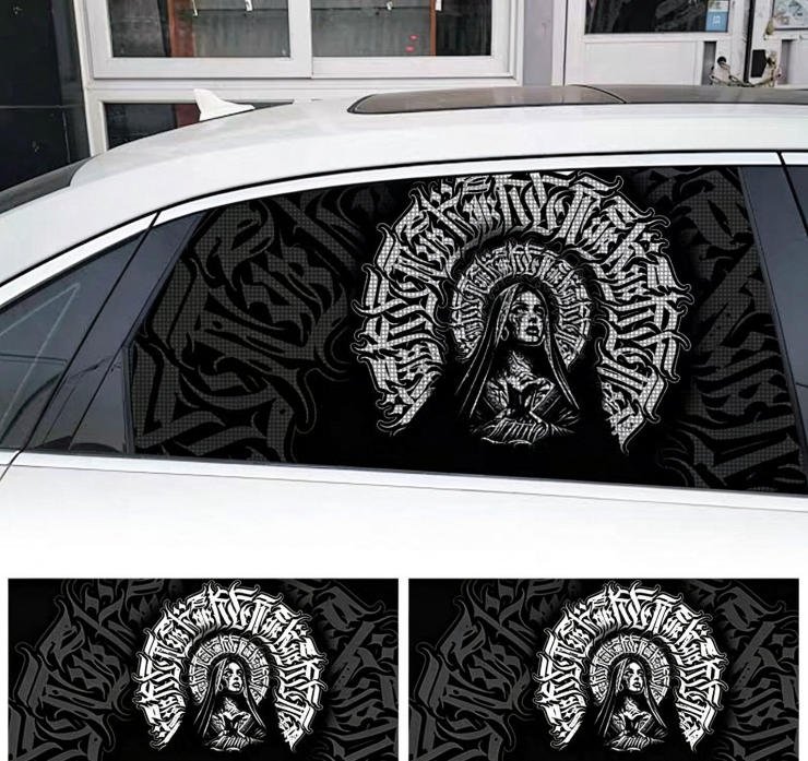 2 Sheets / 2 Pieces Set - Praying Nun Sacred Lettering Car Rear Window Sticker, 130x50cm Waterproof Perforated PVC One-Way Vision Decal