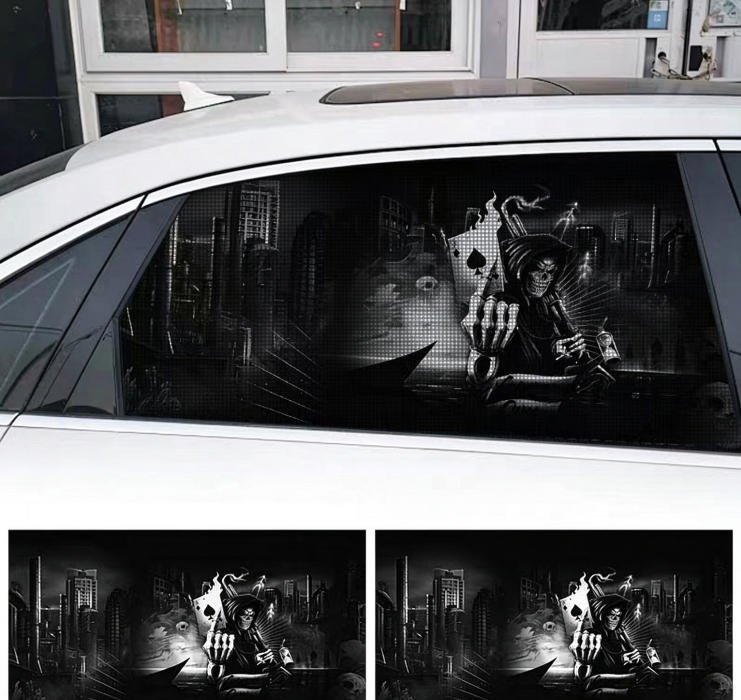 2 Sheets / 2 Pieces Set - Grim Reaper Playing Cards City Car Rear Window Sticker, 130x50cm Waterproof Perforated PVC One-Way Vision Decal