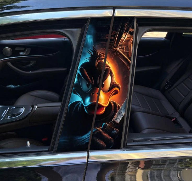 Angry Black Duck B Pillar Car Sticker 2PCS SIZE Horror Anime Cartoon Door Window Pillar Decal Waterproof Vinyl Trim Stickers for Car Truck SUV Auto Accessories