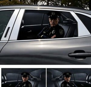 2 Sheets / 2 Pieces Set - Police Officer in Patrol Car Rear Window Sticker, 130x50cm Waterproof Perforated PVC One-Way Vision Decal