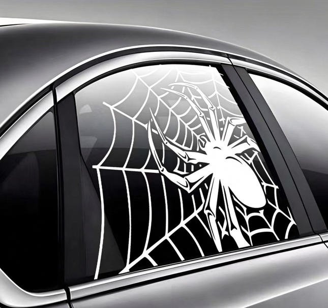 White Spider Web Car Decal SIZE Spider Sticker Waterproof Vinyl Window Decal for Dark Tinted Glass, Car Rear Side Window Truck SUV Wall Laptop, Halloween Horror Style Auto Accessories
